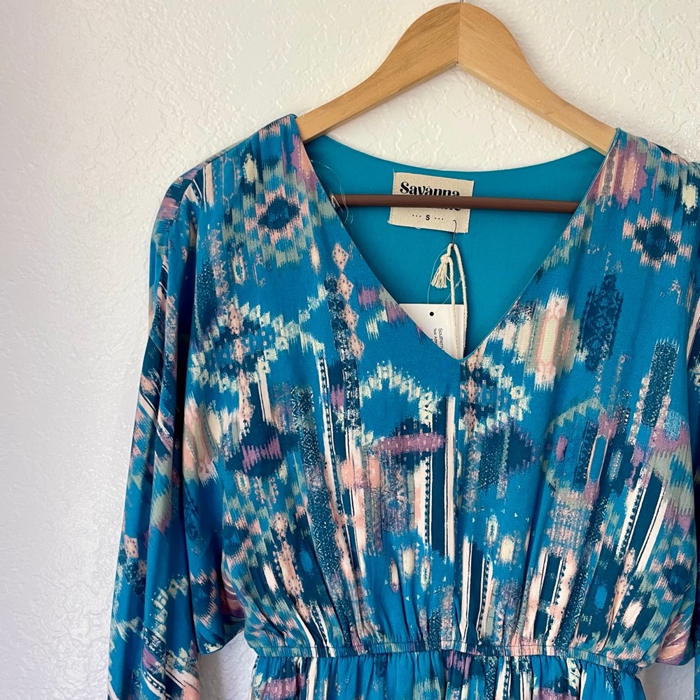 Savannah Jane Women’s V Neck Western Aztec Blue 3/4 Sleeve Fit Flare Dress NWT